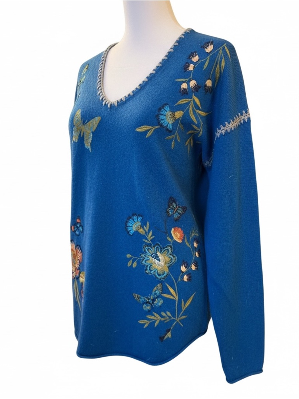 Johnny Was Teal Blue V-Neck Sweater with Butterfly & Floral Embroidery